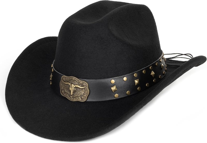 Eohak Womens Western Cowboy Hats Studded Pinched Western Cowgirl Hats Wide Brim Fedoras Hat with Belt Buckle (Size:Medium) - Image 1